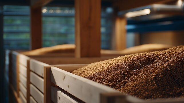 Ancient fermentation technique room where koji spores colonize cooked barley grains spread across ventilated racks, traditional enzyme cultivation for shoyu production, ideal for historic methods,
