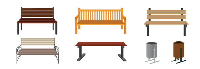 Set of street benches and bins front and side view in cartoon style. Vector illustration of wooden benches with metal frame, armrests, backs, trash cans on racks isolated on white background. © MVshop