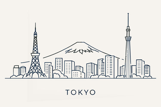 Tokyo Japan Skyline Line Art with Tokyo Tower Skytree and Mount Fuji Vector Illustration