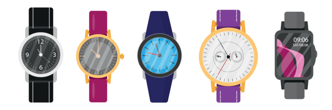 Set of beautiful wristwatches in cartoon style. Vector illustration of mechanical, smart - watches with hands, dials, time display, date, colored straps isolated on white background. Time tracking.