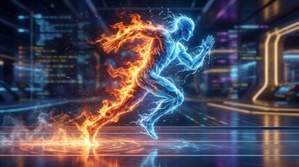 Fototapeta premium Dynamic Concept of Futuristic Human Running with Fire and Ice