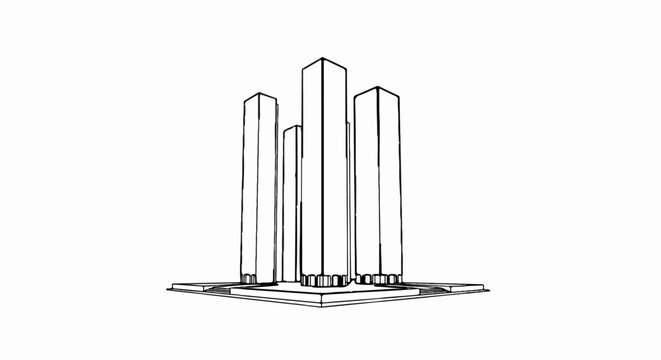 Stylized line drawing of abstract pillars on a tiered platform