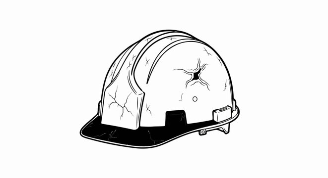 Black and white illustration of a cracked hard hat