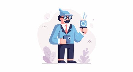 Obraz premium A stylized man in a suit, hat, and glasses holds a steaming cup and a tablet