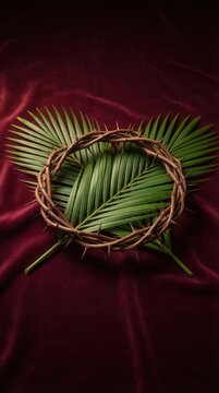 Crown of Thorns and Palm Leaves on Red Fabric Representing Palm Sunday and Easter.