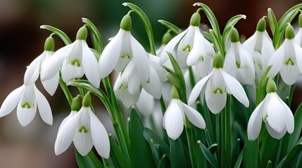 Obraz premium Beautiful snowdrops bloom in spring with green leaves on a blurred background, perfect for a postcard design to celebrate the season and nature