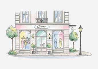 Naklejka premium Charming Parisian boutique storefront with elegant dresses displayed in windows