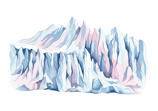 Stylized illustration of a majestic icy mountain range with sharp peaks and glacial formations
