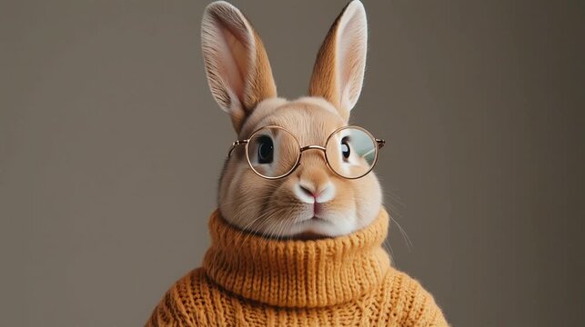 rabbit wearing glasses and business shirt, sitting at a desk with laptop and coffee mug, plain light background, full body visible	