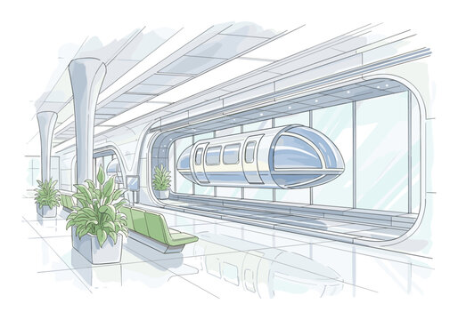Futuristic monorail station with sleek train and modern architecture, clean design