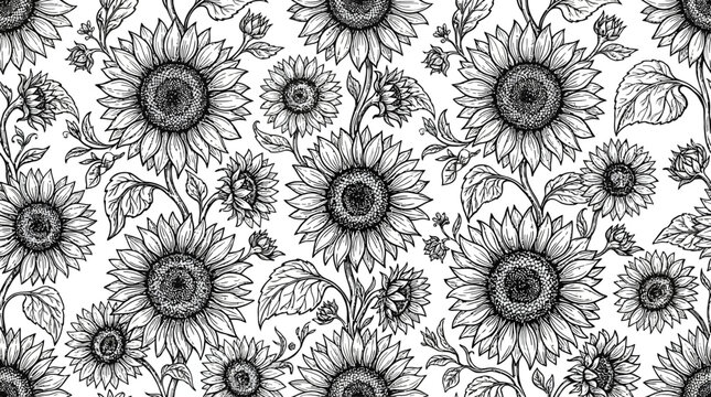 Intricate black and white floral pattern featuring sunflowers with detailed leaves and stems