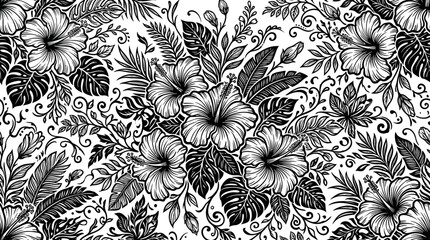 Black and white floral pattern featuring hibiscus flowers and intricate foliage designs