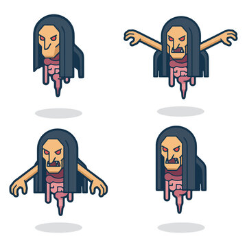 Set of Kuyang, an Indonesian flying head with entrails ghost, in various expressions, creepy vector collection.