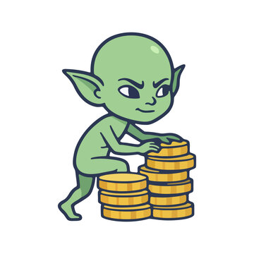Mischievous green Tuyul spirit sitting on a pile of gold coins, vector illustration for financial and horror themes.