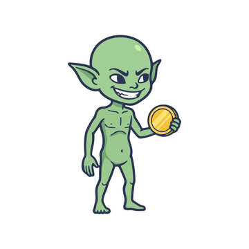 Cartoon vector illustration of a green Goblin or Tuyul spirit, holding a small gold coin, financial horror mascot.