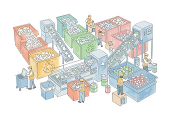 Obraz premium Workers sort and process recyclable materials on conveyor belts at a sorting facility
