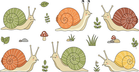 Cute Garden Snail Cartoon Vector Set Featuring Adorable Snails Crawling with Spiral Shells, Mushrooms, Grass, Leaves and Forest Nature Elements. © MstSuborna