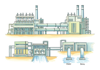 Naklejka premium Industrial factory complex with water intake and brine discharge systems illustrated
