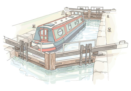 Narrowboat navigating through a canal lock with wooden gates and water level changes