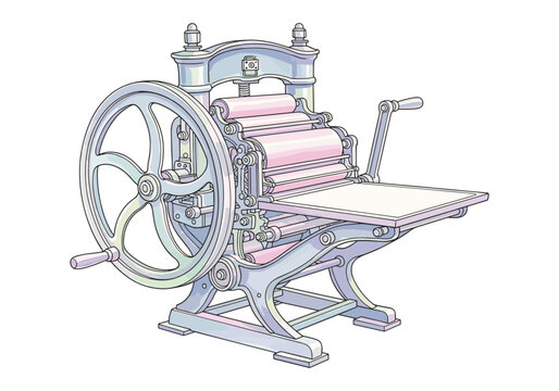 Vintage printing press machine with large wheel and rollers, isolated on white background