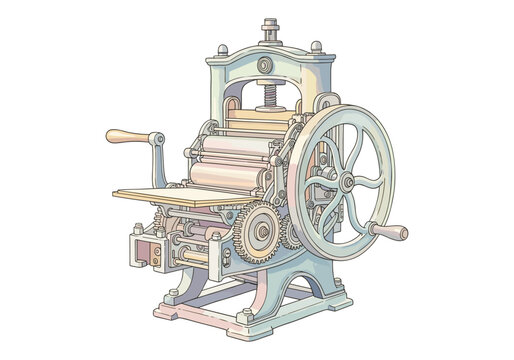 Vintage printing press machine with intricate gears and a large flywheel, isolated on white