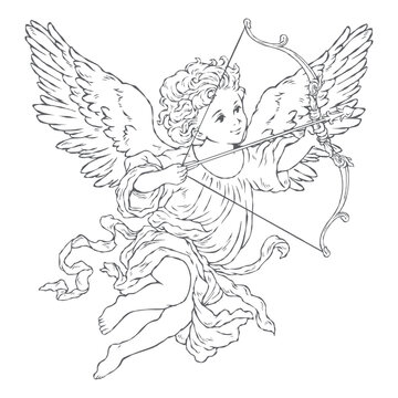 Vintage hand drawn cupid illustration in charcoal gray, detailed engraving sketch of angel with bow and arrow for Valentine and romantic design isolated