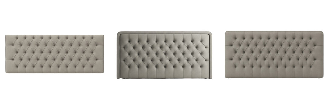Collection of tufted fabric headboards for beds isolated on white