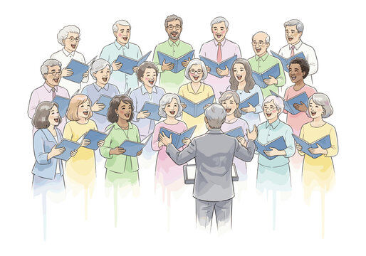 Diverse group of seniors joyfully singing in a choir with a conductor leading them