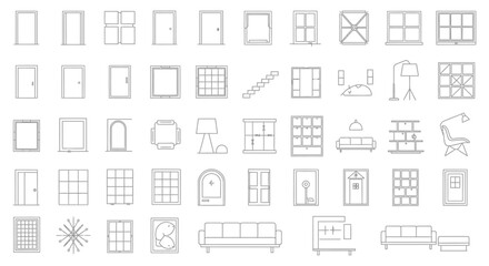 Obraz premium architectural elements and furniture line art icons for interior design and home renovation projects.