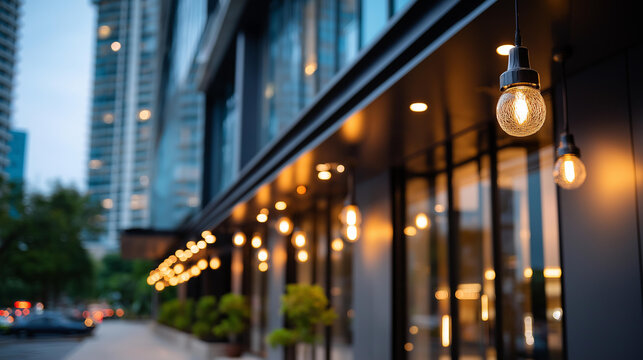Modern hotel facade with stylish warm lighting catering to business professionals and travelers, defocused background, hotel exterior concept, accommodation architecture, with