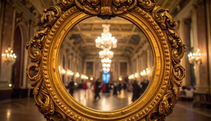 Obraz premium Ornate gilded mirror reflecting a grand ballroom with chandeliers and people