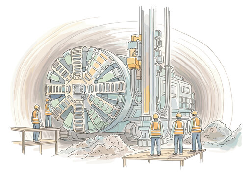 Tunnel boring machine and construction workers in a tunnel construction site
