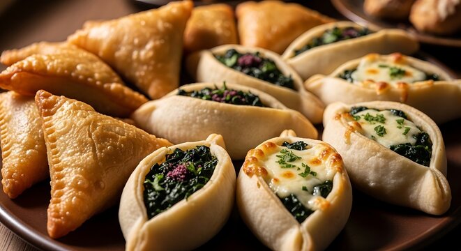 savory middle eastern fatayer and crispy sambousek pastries with spinach and cheese beautifully presented.