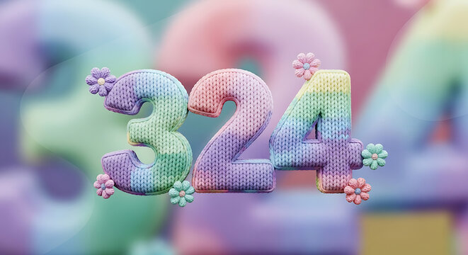 Soft Pastel Rainbow Knitted Number 324 with Flowers, Playful Design for Celebrations, Events, or Educational Content
