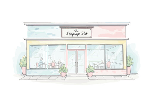 Illustration of a language learning center with students studying inside