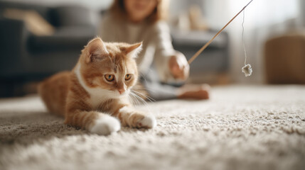 Plakat Adorable orange tabby kitten playing with a toy on a fluffy carpet indoors. A young ginger cat with white paws intently watches a dangling toy, ready to pounce on soft rug in cozy home environment