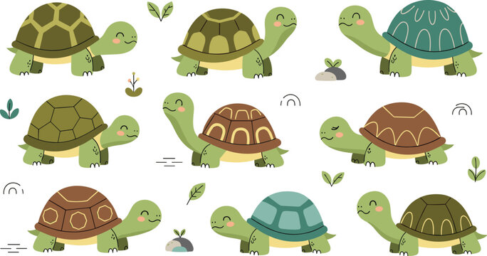 Cute Turtle Cartoon Vector Collection Featuring Adorable Turtles Walking, Crawling and Smiling with Colorful Shell Patterns, Leaves, Stones and Nature Elements.