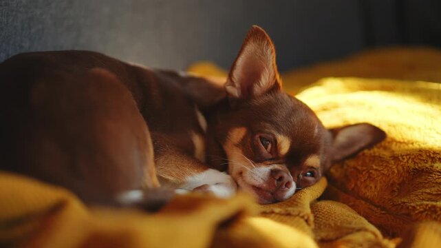 Close-up video of a cute brown and white chihuahua dog sleeping soundly on a cozy yellow blanket. The small puppy is napping peacefully in warm, golden sunlight, looking content and relaxed