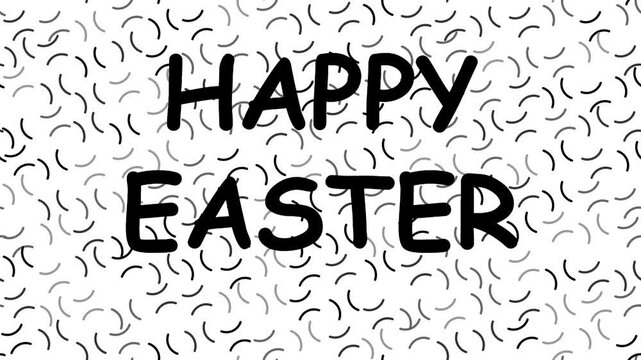 Happy Easter greeting text on a white background with a subtle pattern of black curved dashes, a festive holiday design.