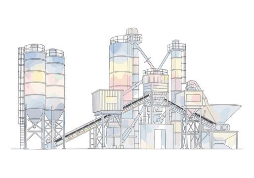 Illustration of a modern concrete batching plant with colorful details