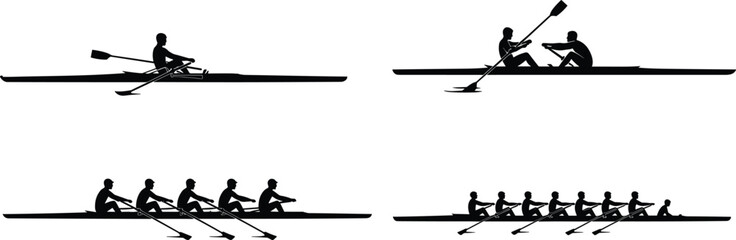 rowing, team, silhouettes, boat, crew, sport, competition, athletes, paddling, kayak, canoe, teamwork, water, race, training, endurance, fitness, nautical, recreation, illustration © Mst