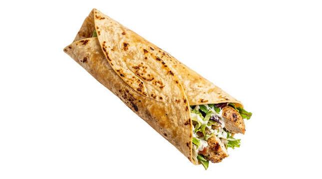 Savory grilled chicken wrap with fresh lettuce and creamy sauce, isolated on transparent background, fast food meal PNG