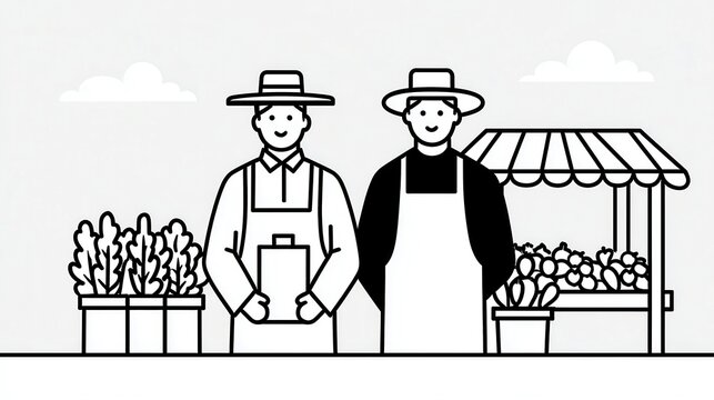 Farmers Market Scene, vibrant outdoor community market, farmers showcasing organic vegetables, engaging with customers, promoting local agriculture, clean vector line art design