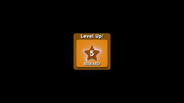 Minimalist gaming level up! icon symbolizing progression and achievements, 3D featuring reward 5 'level up' alert. Neon game complete screen interface with mission reward.