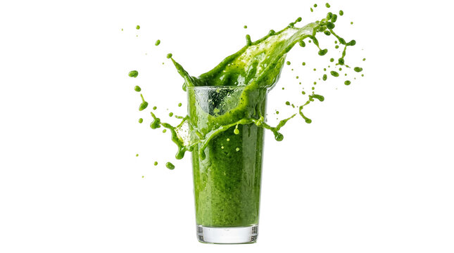 Vibrant green smoothie splashing dynamically from a clear glass, a healthy detox beverage isolated on transparent background, ideal for wellness PNG