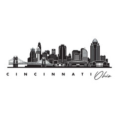 Obraz premium Cincinnati Skyline Silhouette with Roebling Suspension Bridge – Minimal City Vector Icon