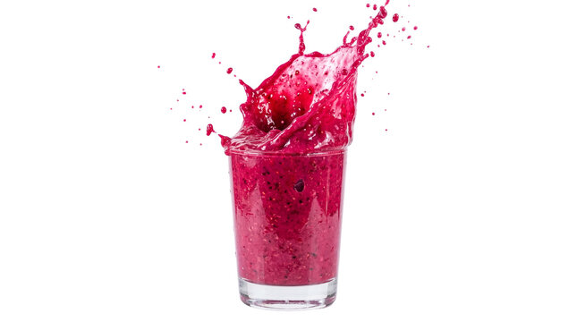 Vibrant red berry smoothie splashing from a clear glass, a refreshing and healthy drink isolated, PNG for dynamic food and beverage designs