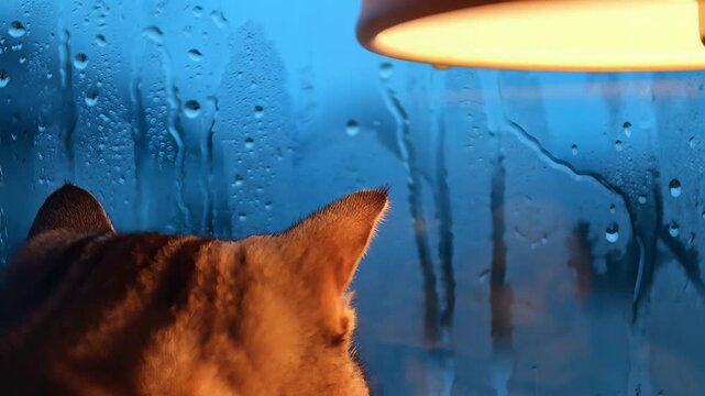 A Curious Gaze: A ginger cat gazes intently through a rain-streaked window, under the soft glow of a warm lamp, creating a cozy and contemplative atmosphere.