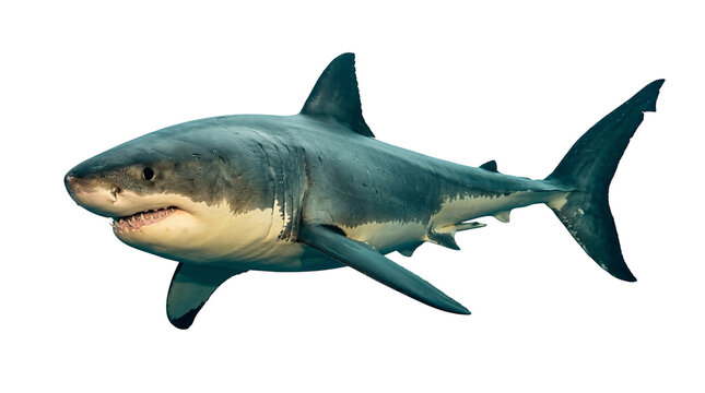 Powerful great white shark, a formidable marine predator, captured in a dynamic side profile, isolated PNG for ocean wildlife projects