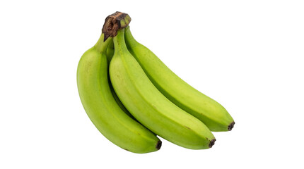 A vibrant bunch of three unripe green bananas, a healthy tropical fruit, perfectly isolated on a transparent background, ready for design use PNG © Finn